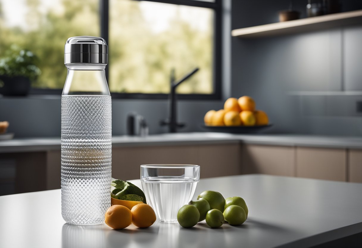 A sleek, modern water bottle with a built-in filtration system sits on a kitchen counter next to a bowl of fresh fruit. The bottle features a transparent body and a stylish, ergonomic design
