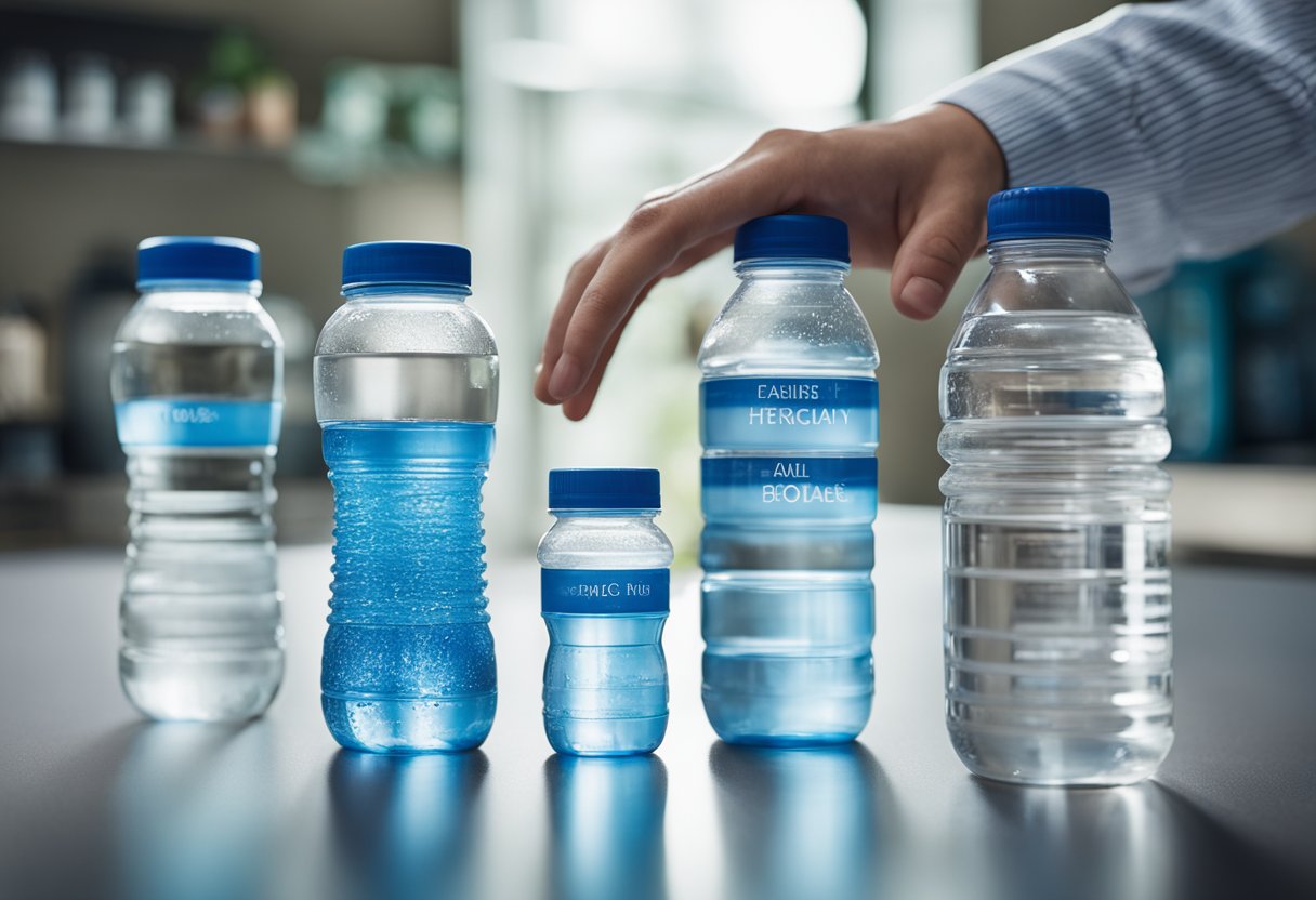 A hand reaches for a variety of water bottles, comparing sizes and capacities. Labels clearly display different options for wellness hydration