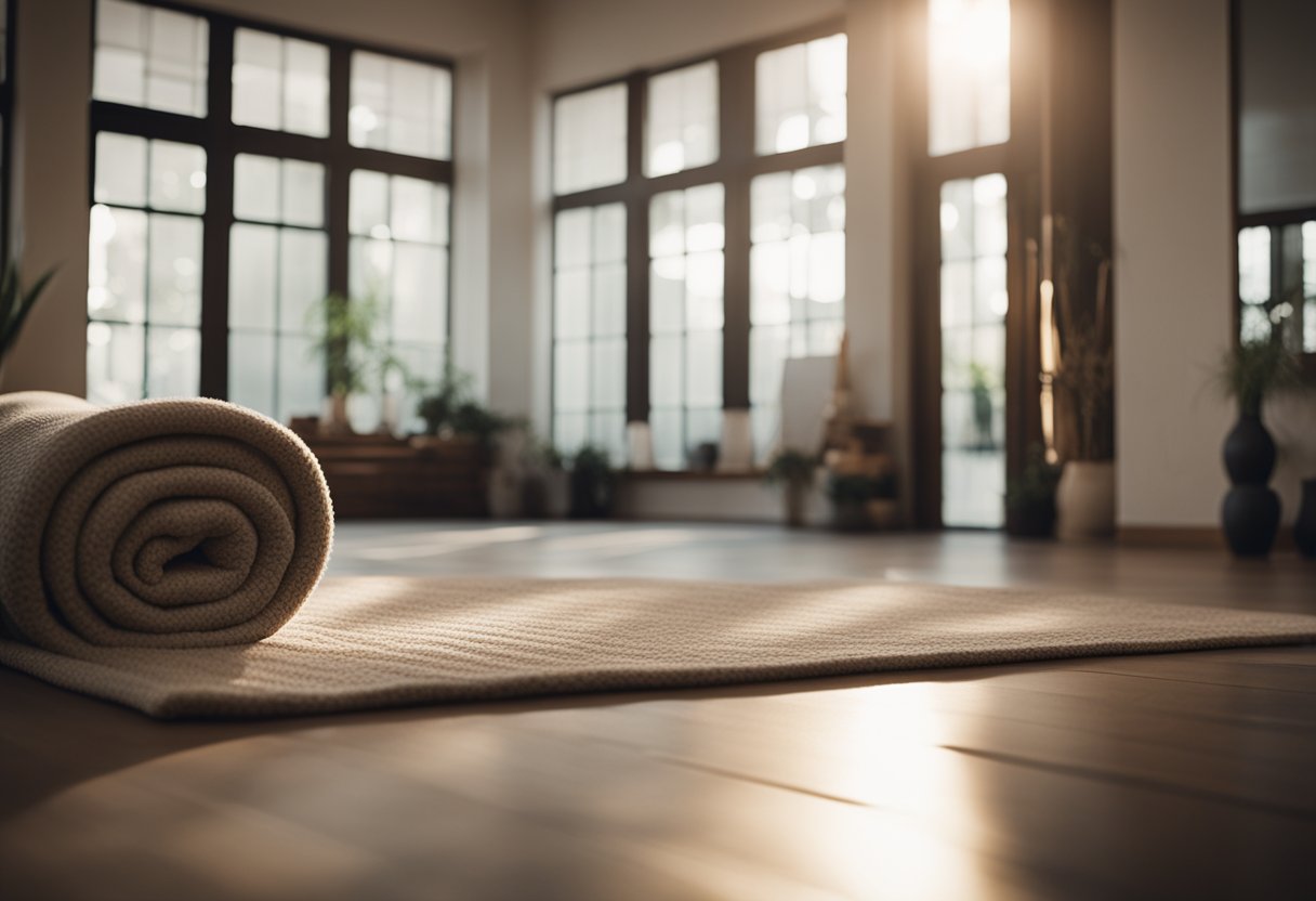 A serene studio with dim lighting, soft music, and blankets scattered on the floor. A sign reads "Restorative Yoga Classes" with a peaceful ambiance