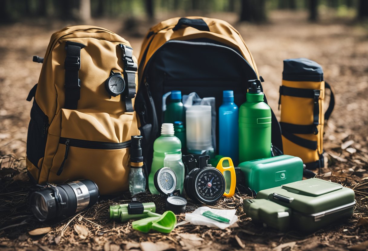 A backpack open, with a compass, map, Solo Adventurer's Toolbox, , multitool, first aid kit, and water bottle spilling out onto the ground