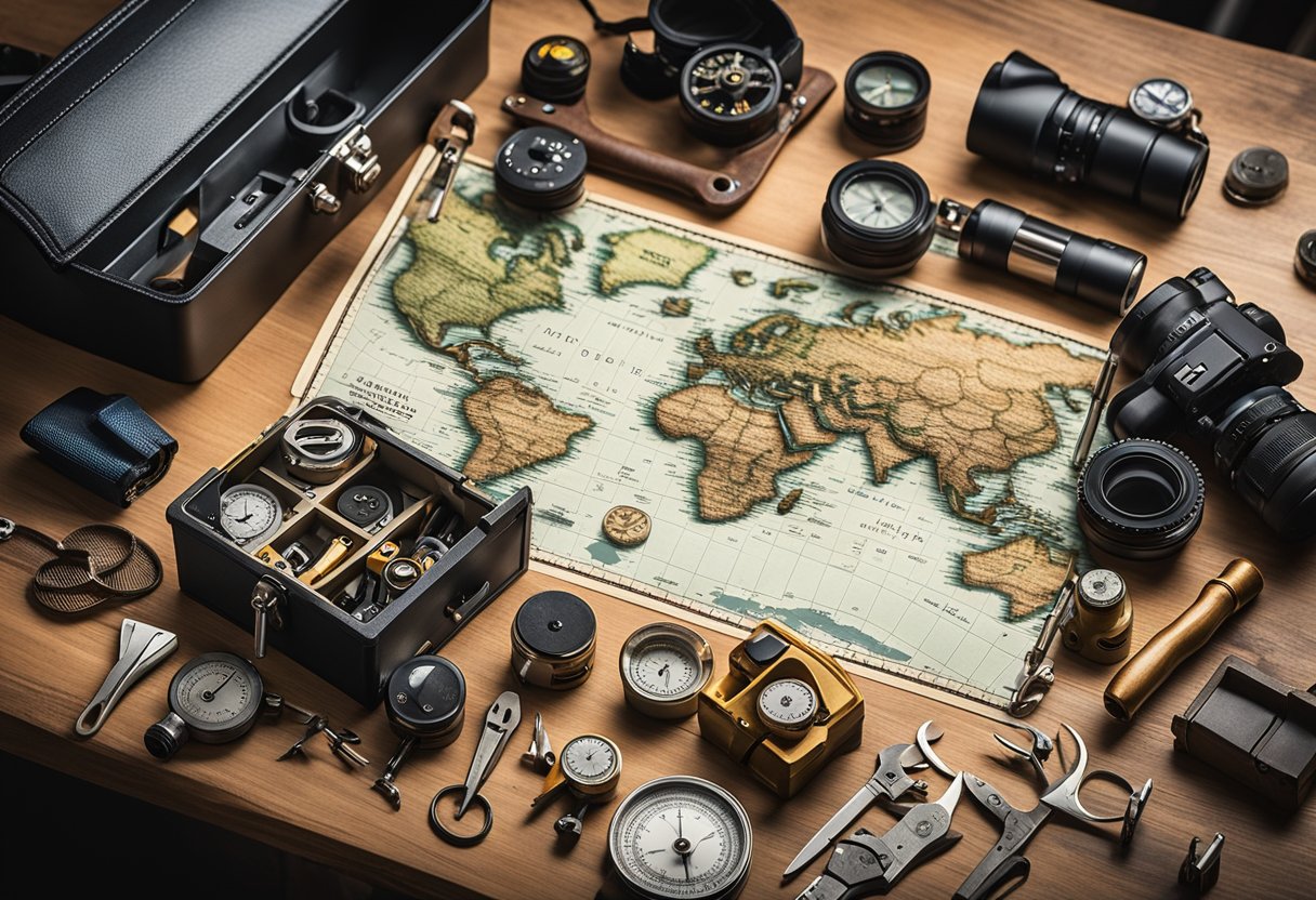 An open toolbox with various tools and equipment laid out neatly on a wooden table, surrounded by a map, compass, and other adventure essentials