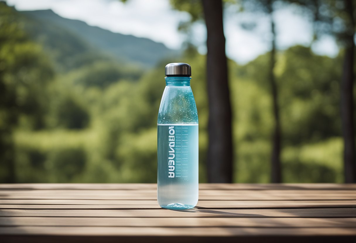 A wellness water bottle sits on a wooden table in front of a serene backdrop of nature